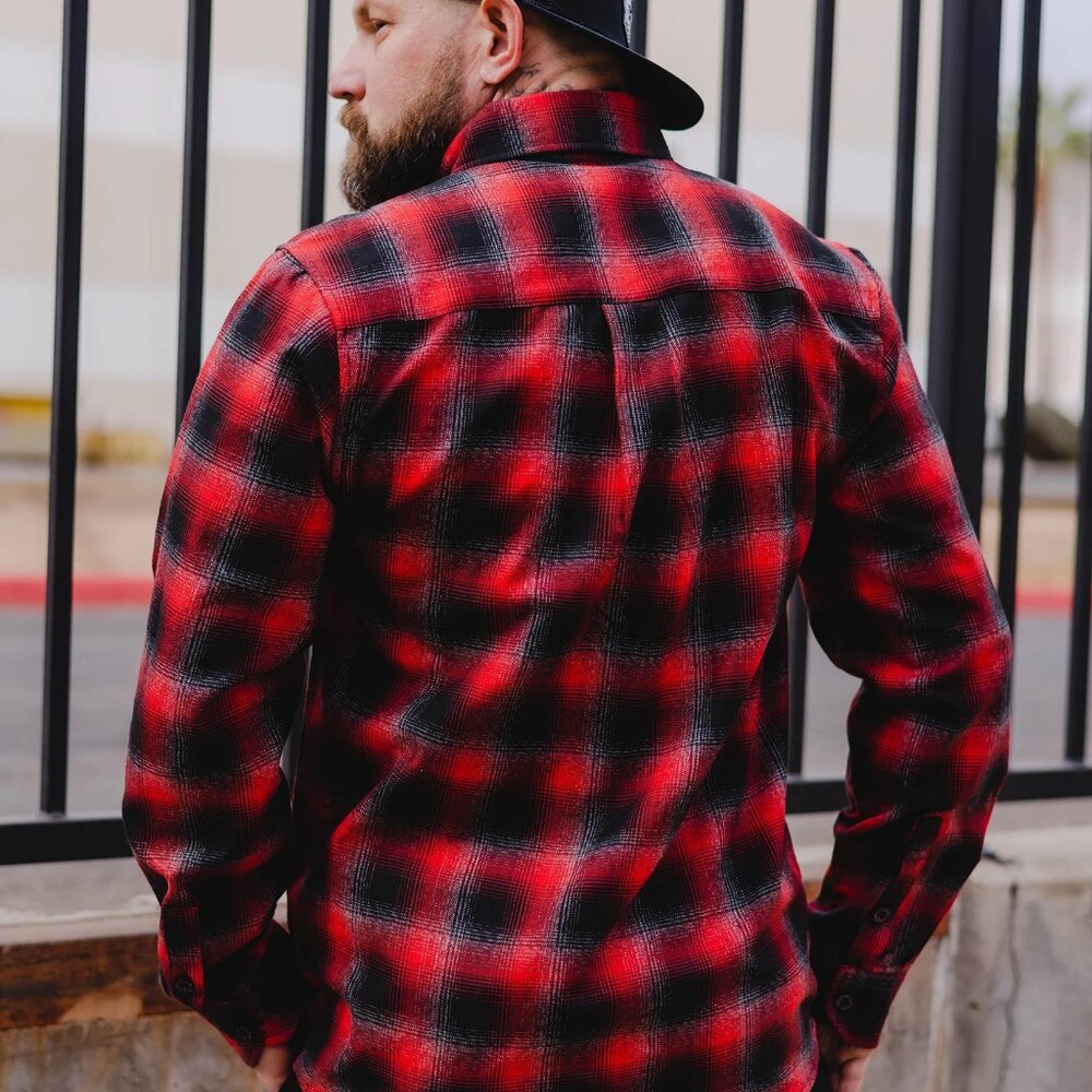 Dixxon Fairview Red Black Plaid Flannel Long Sleeve Shirt - Picture 7 of 10